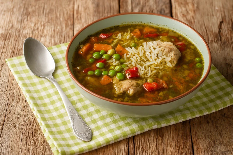Delicioso aguadito de pollo con arroz y verduras frescas