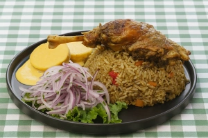 plato de arroz con pato con cilantro y vegetales