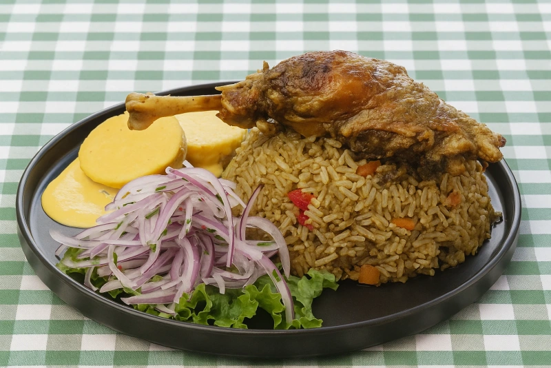 plato de arroz con pato con cilantro y vegetales