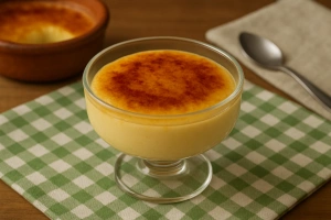 postre cremoso y dorado en bandeja recién salido del horno