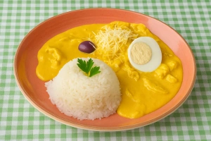 Plato de ají de gallina cremoso con arroz blanco y aceitunas