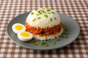 Arroz tapado de carne servido en plato