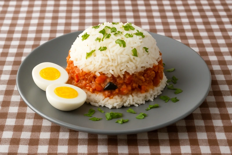Arroz tapado de carne servido en plato