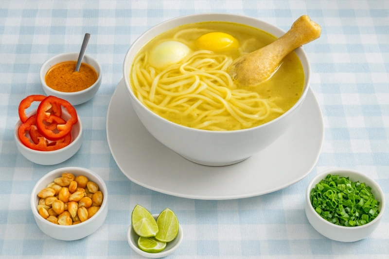 Imagen del caldo de gallina en un plato hondo con acompañamiento de ají, cancha y cebolla china.