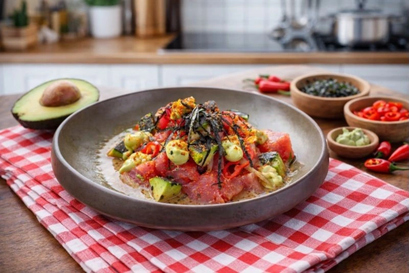 Delicioso ceviche nikkei de atún fresco y colorido