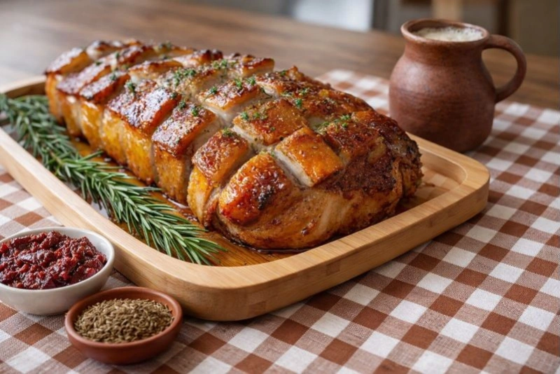 Chancho al horno con aderezo criollo dorado y jugoso