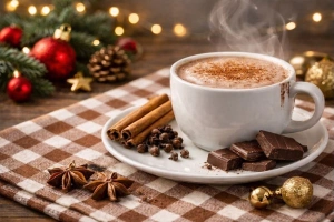 Delicioso chocolate caliente espeso peruano en taza humeante