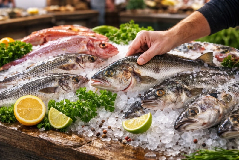 Persona eligiendo pescado fresco en un mercado local
