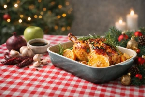 Delicioso pollo al horno navideño peruano dorado y jugoso
