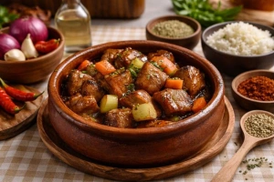 Delicioso adobo arequipeño servido en plato hondo blanco
