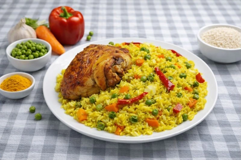 Arroz a la jardinera colorido y lleno de vegetales frescos