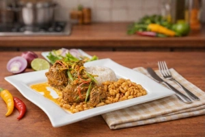 Delicioso cabrito a la norteña servido con frejol 
y zarza