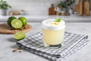 Vaso de pisco sour clásico con espuma y rodaja de limón