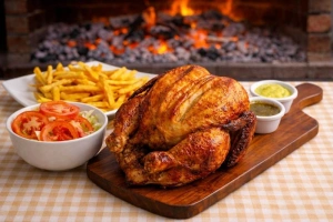 Delicioso pollo a la brasa peruano con papas doradas