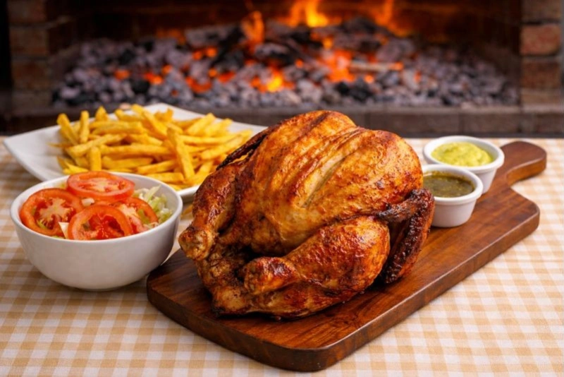 Delicioso pollo a la brasa peruano con papas doradas