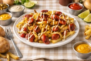 Deliciosas salchipapas peruanas listas para disfrutar