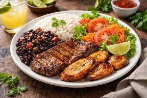 Plato típico casado costarricense con arroz y frijoles