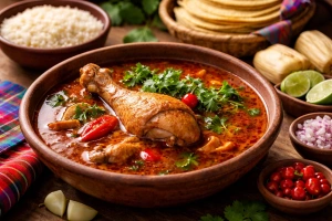 Plato tradicional de kak'ik guatemalteco con colores vibrantes