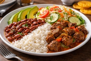 Plato típico la bandera dominicana con arroz habichuelas carne