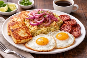 Mangú con los tres golpes dominicanos listo para servir