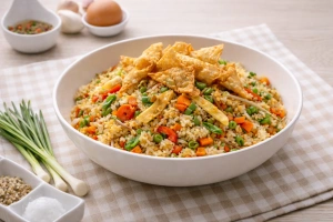 Delicioso arroz chaufa vegetariano servido en un plato.