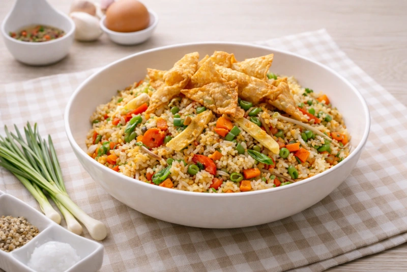 Delicioso arroz chaufa vegetariano servido en un plato.