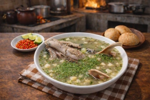 Delicioso caldo de cabeza ayacuchano servido en plato hondo