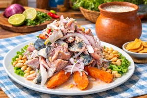 Ceviche de caballa piurano del norte del Perú en plato blanco