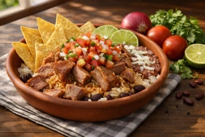 imagen del Chifrijo Costarricense servido en un plato rústico acompañado de especias.