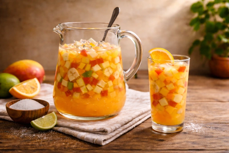 Fresco de ensalada salvadoreño con frutas y hierbabuena