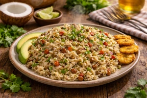 Delicioso moro de guandules con coco en plato servido