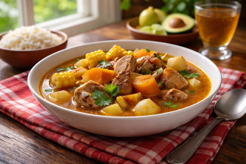Delicioso sancocho panameño tradicional servido en plato hondo