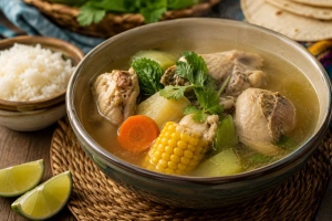 Caldo de gallina criolla con arroz y hierbas frescas