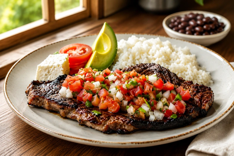 Carne asada hondureña con chimol casero colorido y fresco