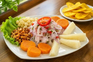 Ceviche de mero tumbesino fresco y colorido en un plato