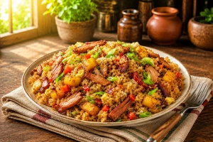 Delicioso chaufa amazónico con ingredientes frescos