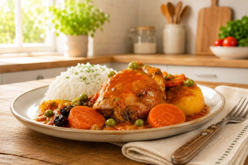 Delicioso estofado de pollo peruano servido en plato hondo
