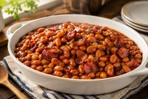Frijoles dorados en cazuela de barro con tocino y salsa espesa