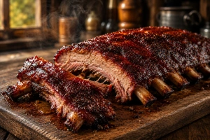 Costillas jugosas con salsa BBQ doradas al carbón en una parrilla humeante