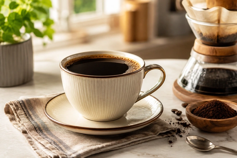 Taza de café humeante en mesa de madera con fondo acogedor y cálido
