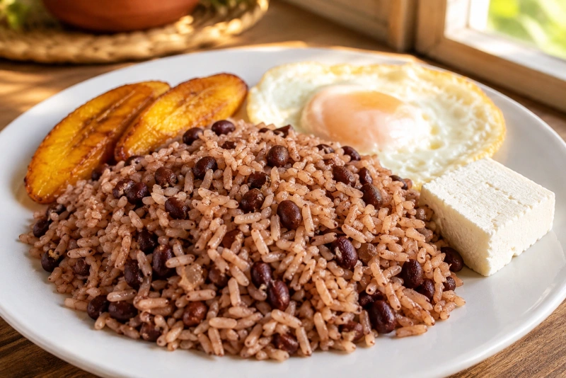 Plato colorido con arroz y frijoles mezclados cilantro y aguacate