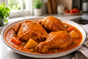 Pollo jugoso cubierto de salsa espesa acompañado de arroz y ensalada