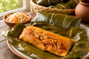 Tamales dorados envueltos en hoja verde sobre un fondo de madera cálida